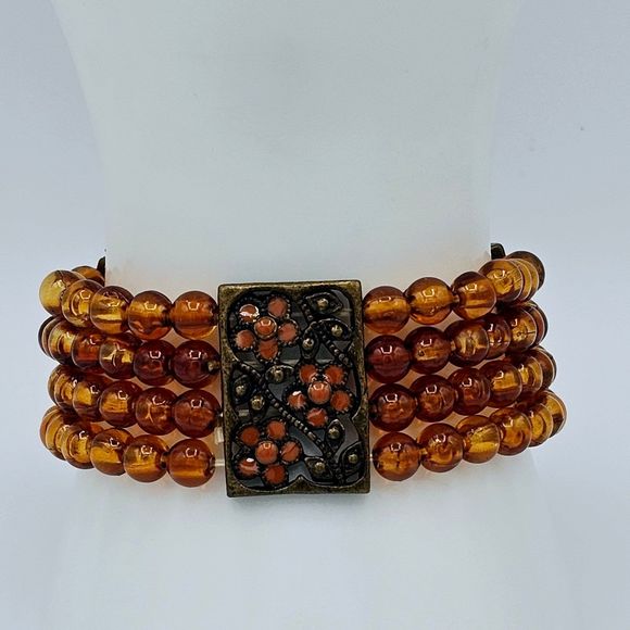 Autumn Bracelet Vintage Genuine Amber Bead Enamel Flowers Brass Filigree Stretch - Picture 5 of 10